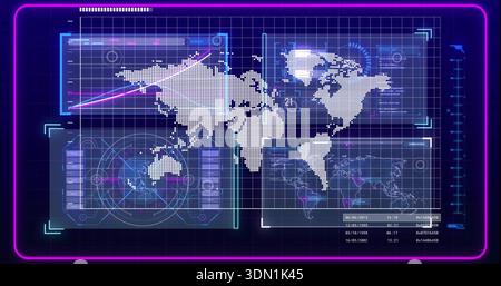 Displaying large dotted world map centered on virtual dashboard, with translucent panels and radar Stock Photo