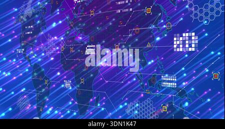 Pulsing stylized global map displaying thin connector lines, nodes and light streaks on digital UI Stock Photo