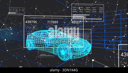 Displaying wireframe-car cyan rotating within virtual workspace, showing HUD panels, data-matrices Stock Photo