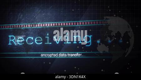 Displaying cyan Receiving text, encrypted transfer subtitle on dashboard, progress strip and globe Stock Photo