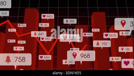 Displaying red 3D bar columns on perspective-grid, showing line and callouts with icons and numbers Stock Photo