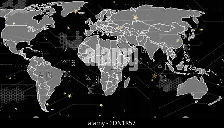 Displaying stylized world map on data display, showing hexagon clusters, numeric labels, connectors Stock Photo