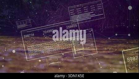 Floating translucent keyboard panel hovering over forest floor, showing numeric readouts and nodes Stock Photo