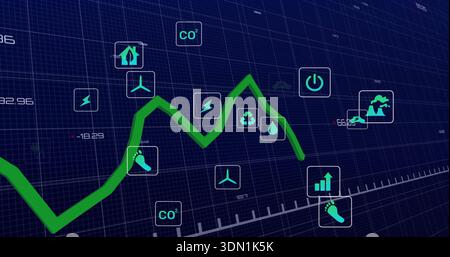 Displaying neon-green zigzag line chart on dark-blue grid dashboard, showing CO2 and energy icons Stock Photo