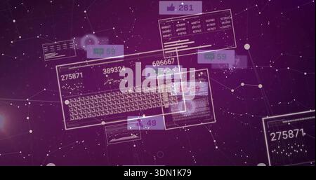 Floating hologram keyboard and data panes glowing over purple network, with alerts and nodes Stock Photo