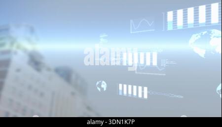 Displaying HUD overlay floating at rooftop, with bar charts, line charts, globe icons, text Stock Photo