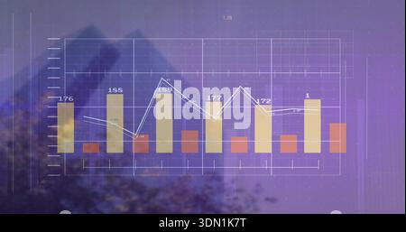 Displaying translucent chart over purple mountain dusk, showing yellow bars, white line, labels Stock Photo