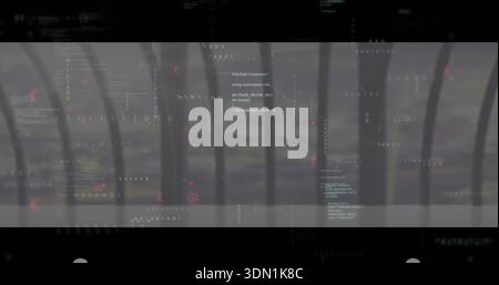 Displaying translucent overlay band showing floating code and UI glyphs at promenade with railing Stock Photo