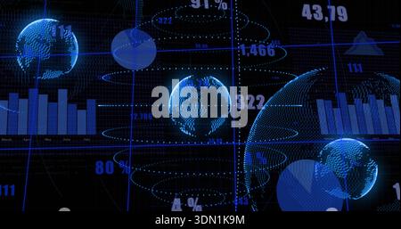 Displaying dotted globe on right side grid HUD, showing rings, charts, numeric labels, copy space Stock Photo
