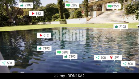 Showing swimming pool surface reflecting sun in private backyard, with floating UI bubbles Stock Photo