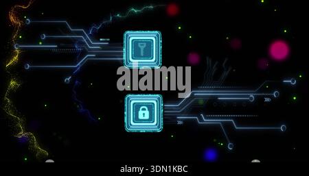 Displaying two cyan tokens key-lock-icons on black, tracing neon-traces, left-gold-ribbon, bokeh Stock Photo