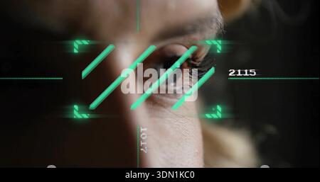 Scanning woman's right eye in close-up, HUD displaying green reticle and numbers 2115 1017 Stock Photo