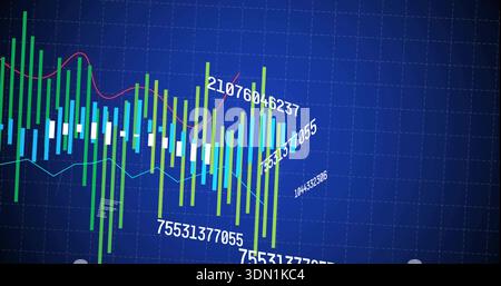 Displaying market chart on dark blue grid, showing green cyan bars, candles, trend lines, labels Stock Photo