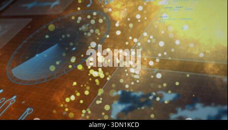 Projecting HUD displaying circular gauge, translucent panels, particle orbs over nebula backdrop Stock Photo