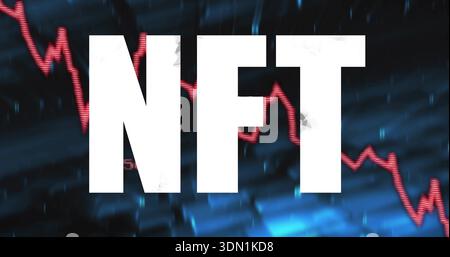 Displaying large white NFT text dominating crypto backdrop, featuring red zigzag market chart line Stock Photo