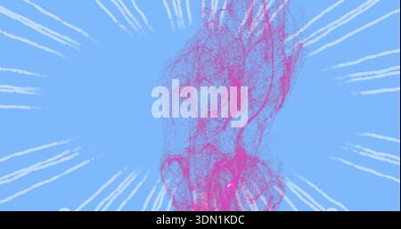 Rising magenta plume flowing upward in graphic sky-blue field, showing sunburst streaks, particles Stock Photo