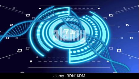 Displaying DNA double helices crossing central HUD with concentric rings in lab, showing readout 71 Stock Photo