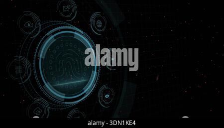 Displaying circular ringed biometric fingerprint HUD scanning on data grid, with orbiting icons Stock Photo