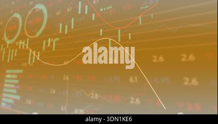 Displaying layered financial chart on digital dashboard, showing candlestick bars, yellow red trend Stock Photo