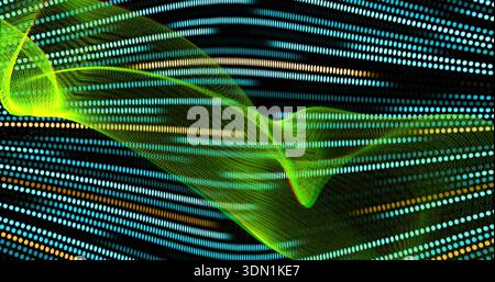 Flowing translucent green ribbon sweeping diagonally across dark digital field, with dotted matrix Stock Photo