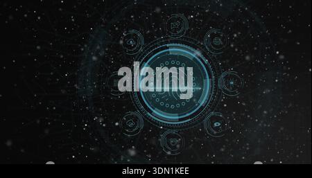 Scanning circular fingerprint HUD projecting rings at cyber UI, showing scan line, icons, particles Stock Photo
