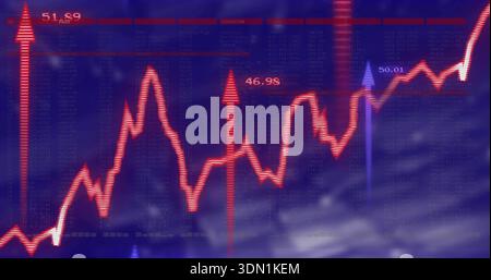 Displaying glowing red line chart rising on trading screen showing two red arrows with % labels Stock Photo