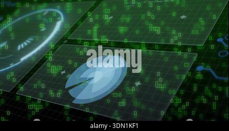 Floating pale blue hologram disc hovering over dark grid plane, with glass panels and green pixels Stock Photo