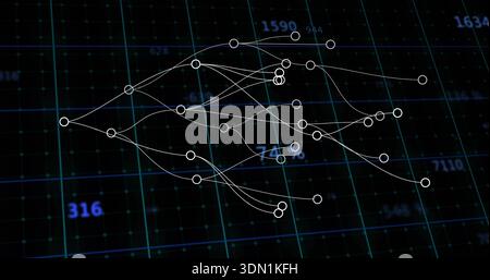 Displaying white circular nodes connecting across virtual teal-blue grid plane, with numeric labels Stock Photo