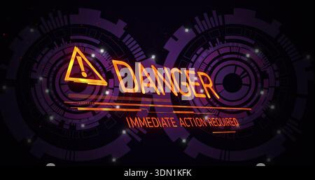Displaying neon DANGER cluster on HUD, showing triangular icon, IMMEDIATE ACTION REQUIRED, rings Stock Photo