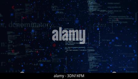Displaying central code column glowing in virtual network, with binary digits and blue bokeh specks Stock Photo