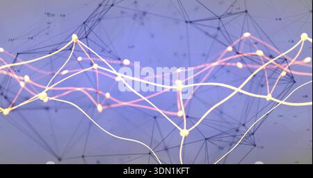 Displaying stylized digital network visual pulsing in virtual space with glowing nodes, wavy lines Stock Photo
