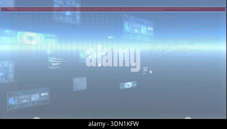 Projecting central bright light band with glowing HUD panels in layered 3D space, showing red strip Stock Photo