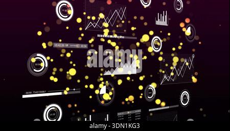 Displaying HUD in virtual dashboard showing line and area charts, circular timers, yellow particles Stock Photo