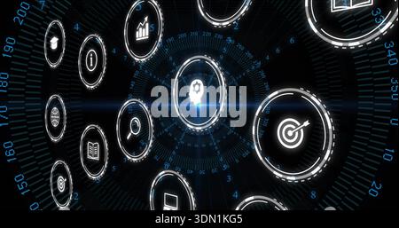 Rotating central head-with-gear in 3D hologram HUD, showing target and analytics icons Stock Photo
