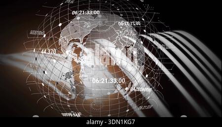 Rotating 3D globe on studio backdrop, displaying numeric overlays, node network and streaks Stock Photo