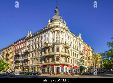 Historic corner building Wilhelminian style, ornate facade and dome, blue sky, Berlin Schöneberg Germany Stock Photo