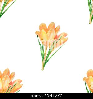 Crocus flowers. Watercolor seamless pattern of golden spring crocus flowers isolated on a white background. Ideal for creating vibrant products like t Stock Photo