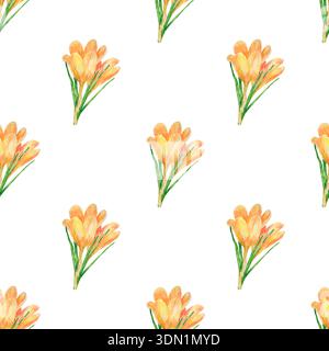 Crocus flowers. Watercolor seamless pattern of golden spring crocus flowers isolated on a white background. Ideal for creating vibrant products like t Stock Photo