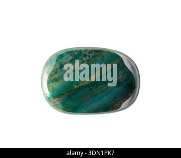 Semi precious stone heliotrope also known as bloodstone. Green gemstone with red spots isolated on white background. Studio shot, lot of copy space. Stock Photo
