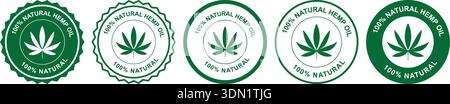 Natural hemp oil certification badge set with green leaf icons Stock Vector