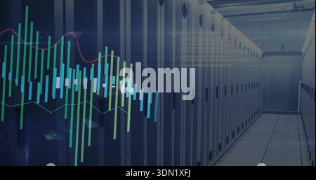 Displaying server racks with vented doors and LEDs running down raised-floor aisle, data overlay Stock Photo