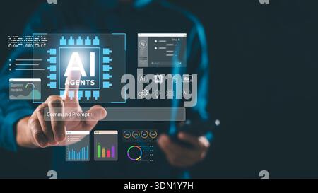 AI agent artificial intelligence automation prompt virtual command interface helps person manage digital assistant for data analysis, holographic symb Stock Photo