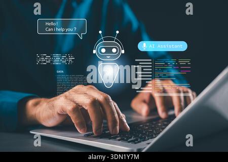 Virtual ai assistant chatbot code interface automation, artificial intelligence smart digital support system shown while person types on laptop keyboa Stock Photo