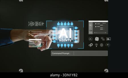 AI agent artificial intelligence automation prompt virtual command, hand interacts with digital dashboard showing smart icons for innovative business Stock Photo