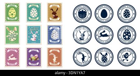 Easter postal stamps icon set Stock Vector