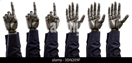 Set of Robotic Hands with Humanoid Metallic Fingers and Mechanical Joints in Various Gestures, Futuristic Cybernetic Prosthetic Concept Isolated on Wh Stock Photo