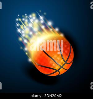 Vector illustration of a falling basketball with energy from movement around, on a dark blue background Stock Vector