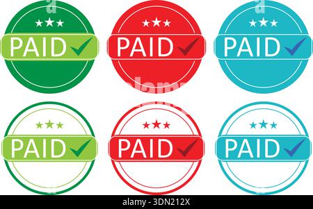Paid status badges with PAID text and checkmark symbols in circular seals Stock Vector
