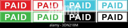 Paid status labels set with rectangular stamps in multiple colors Stock Vector