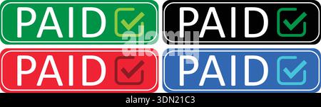 Paid status labels with PAID text and checkmark icons in rounded rectangular badges Stock Vector